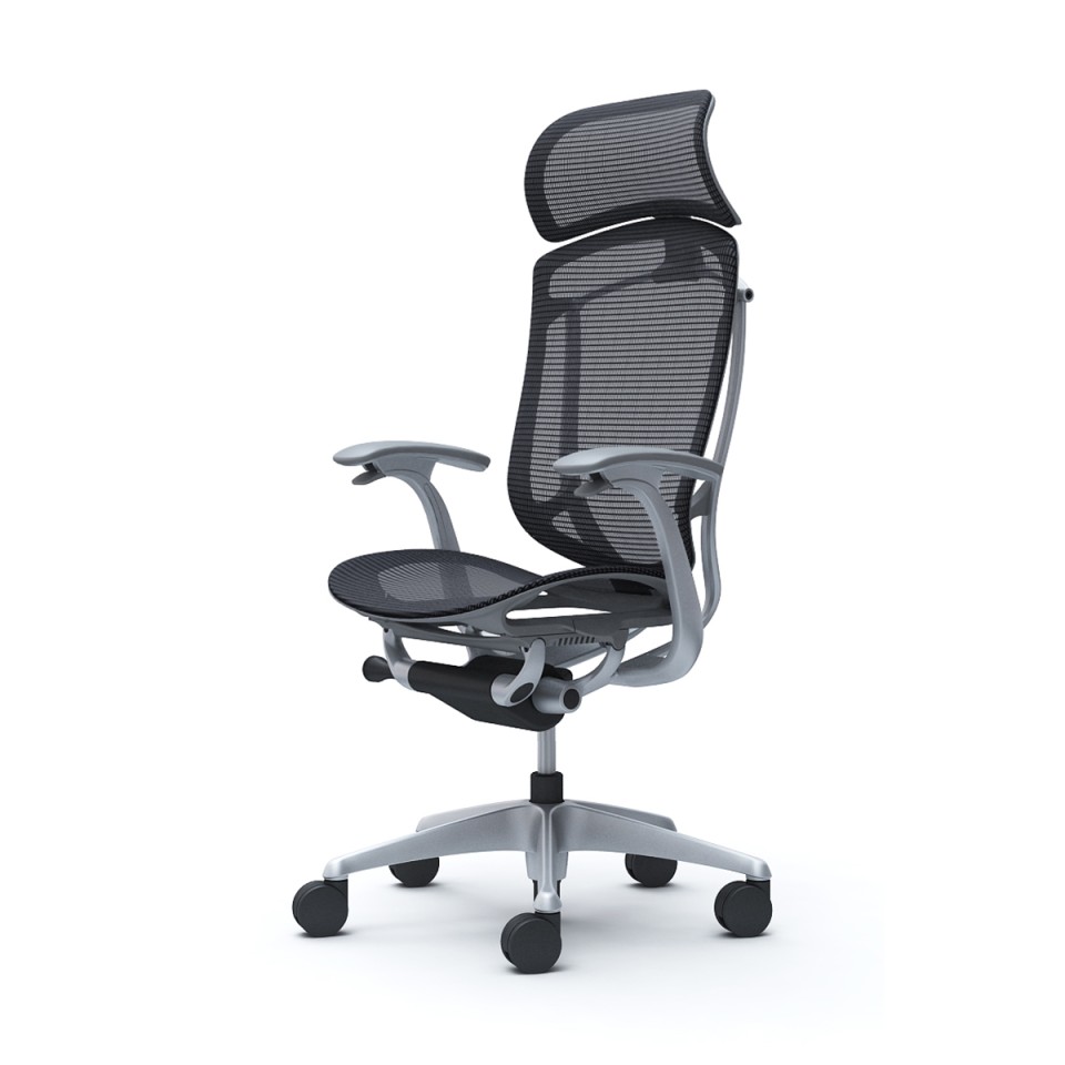 オカムラ オフィスチェア 完成日 組立不要 コンテッサセコンダ エクストラハイバック 大型固定ヘッドレスト メッシュ デザインアーム シルバーフレーム グレーボディ ランバー無 ハンガー無 ナイロンキャスター CC45GA-FPG1