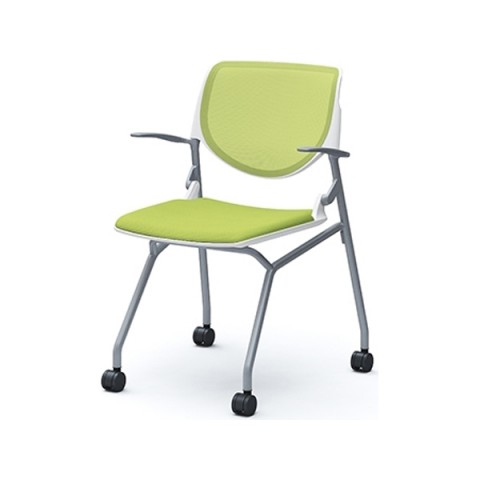 オカムラ ミーティングチェア・多目的チェア 完成日 組立不要 ルナ 4本脚 シルバーフレーム ホワイトシェル 背メッシュ 肘付 81S1AJ-FKA5