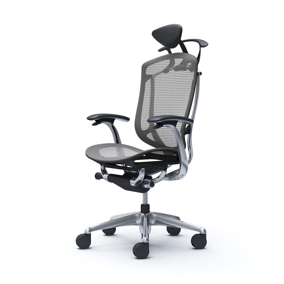 オカムラ オフィスチェア 完成日 組立不要 コンテッサセコンダ エクストラハイバック 小型可動ヘッドレスト メッシュ デザインアーム ポリッシュフレーム ブラックボディ ランバー無 ハンガー付 ウレタンキャスター CC4BXR-FPH2