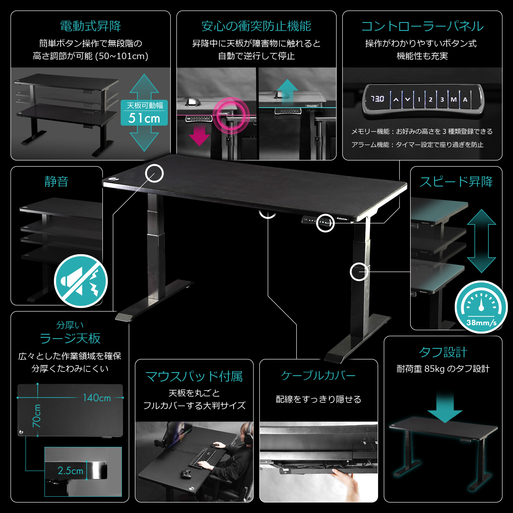 昇降式　テーブル　椅子　ゲーミング、PC作業、事務作業などに！　　バウヒュッテ バウヒュッテ、電動昇降機能付きゲーミングデスクの在庫が復活